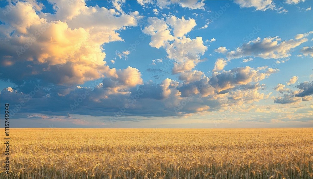 Obraz premium A serene landscape of golden wheat fields under a vibrant sky.