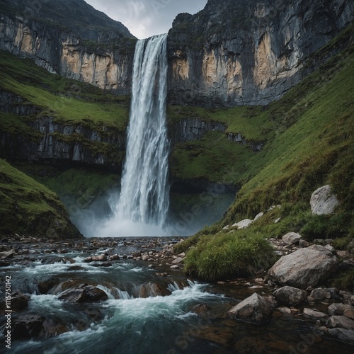 A mountain with a flowing waterfall cascading down its side.