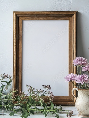 Blank wooden photo frame decorated with flowers and greenery on a rustic table