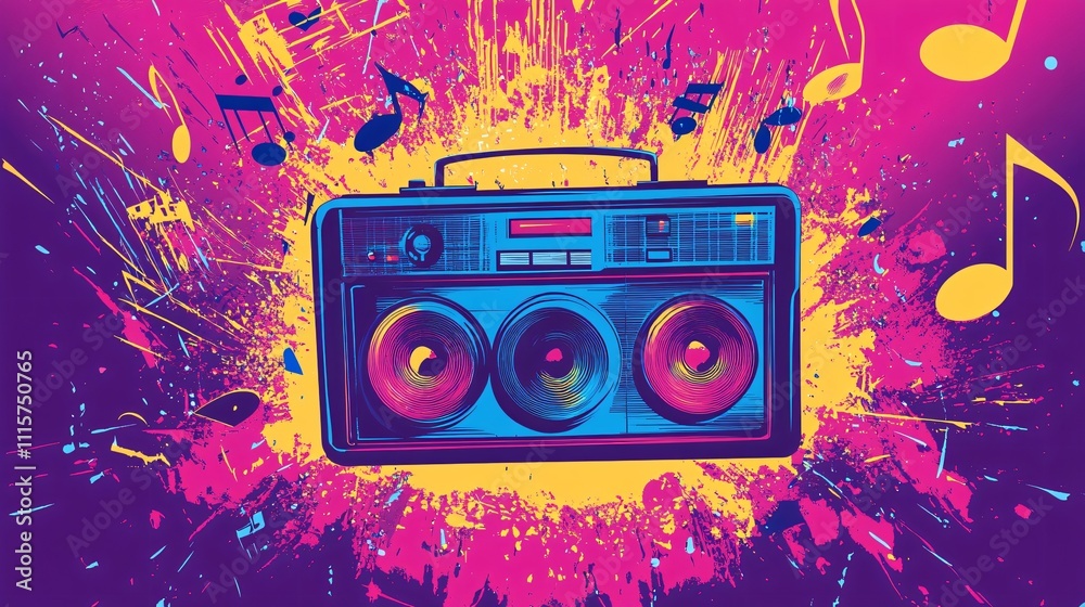 Fototapeta premium Retro boombox design with vibrant colors and musical notes in a lively setting
