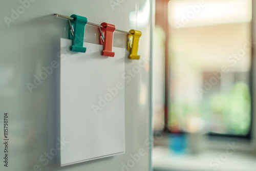 Papel en blanco para notas colgado del frigorífico, en la cocina. photo