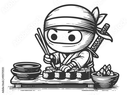 Adorable cartoon ninja character enjoying sushi with chopsticks sketch engraving generative ai fictional character vector illustration. Scratch board imitation. Black and white image.