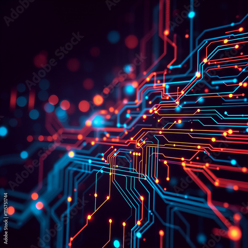 Abstract Circuit Board with Glowing Lines and Nodes