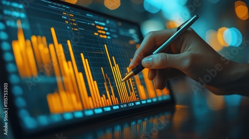 Hand Holding Pen Pointing at Financial Graph
