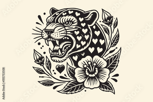 Roaring panther with heart pattern and floral decoration in black ink