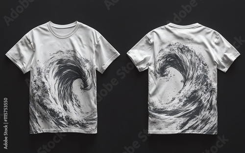 Dynamic ocean wave design seaside art t-shirt mockup studio showcase front and back view featuring nature's power photo