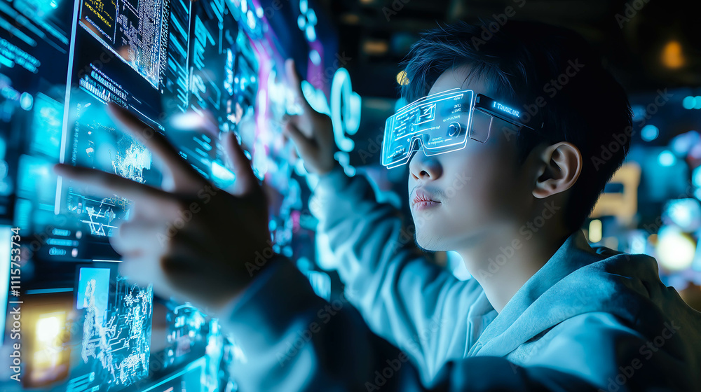 Obraz premium A kid girl learns online using futuristic technology. The concept of the integration of advanced digital tools in education, and learning experiences for the future generation. Generative AI.