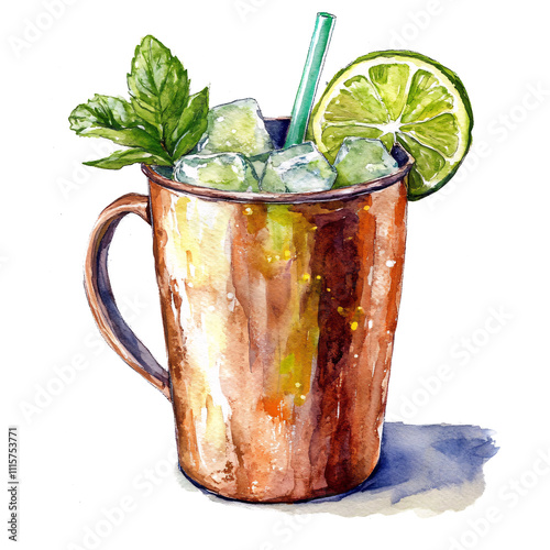 Watercolor Clipart of Moscow Mule isolated on white & transparent a background.