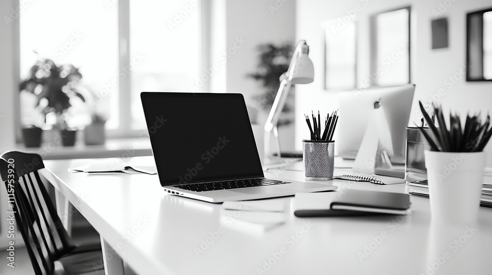 Fototapeta premium A minimalist home office workspace with a laptop, plants, and a wireless mouse.