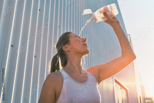 Athletic Woman Drinks water and Splashes Water on Her Face After run 