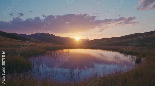 Wallpaper Mural A serene sunset over a still pond in a grassy meadow with a mountain range in the background. Torontodigital.ca