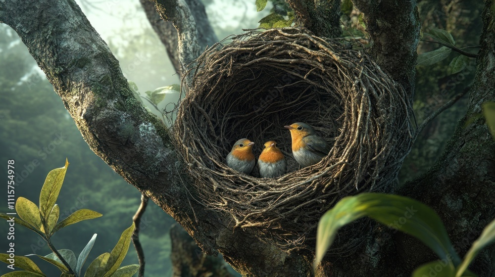 Three robin chicks huddle together in a nest made of twigs and leaves, nestled high in a tree branch. The nest is surrounded by lush green foliage and a misty background. Three robin chicks huddle together in a nest made of twigs and leaves, nestled high in a tree branch. The nest is surrounded by lush green foliage and a misty background.