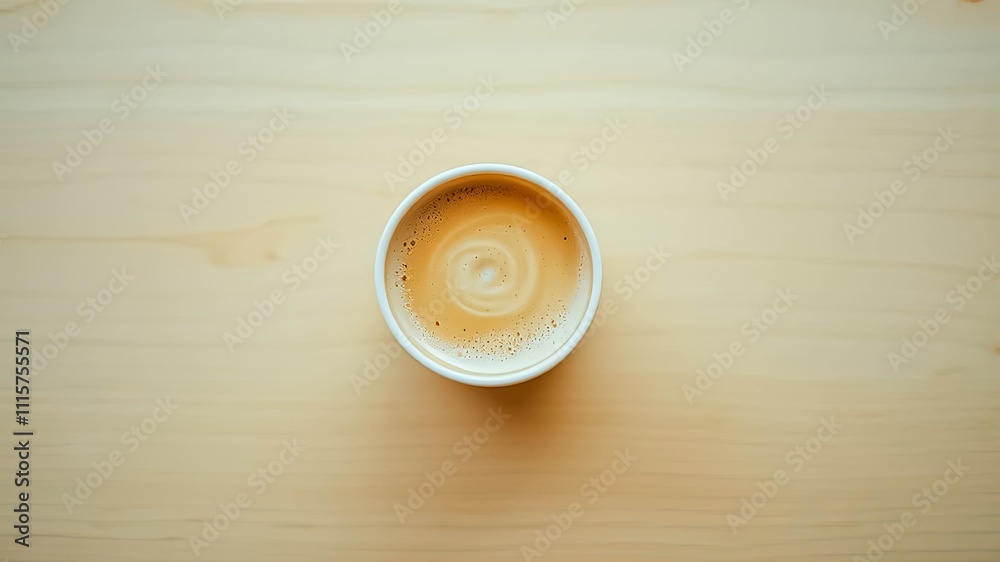 Obraz premium Overhead View of a Creamy Coffee Drink in a Disposable Cup on a Light Wooden Surface