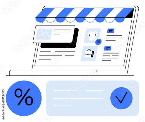 Laptop screen displaying an online store with blue and white color scheme. Visible elements include product images, discount sign, shopping cart, and confirmation icon. Ideal for e-commerce, digital