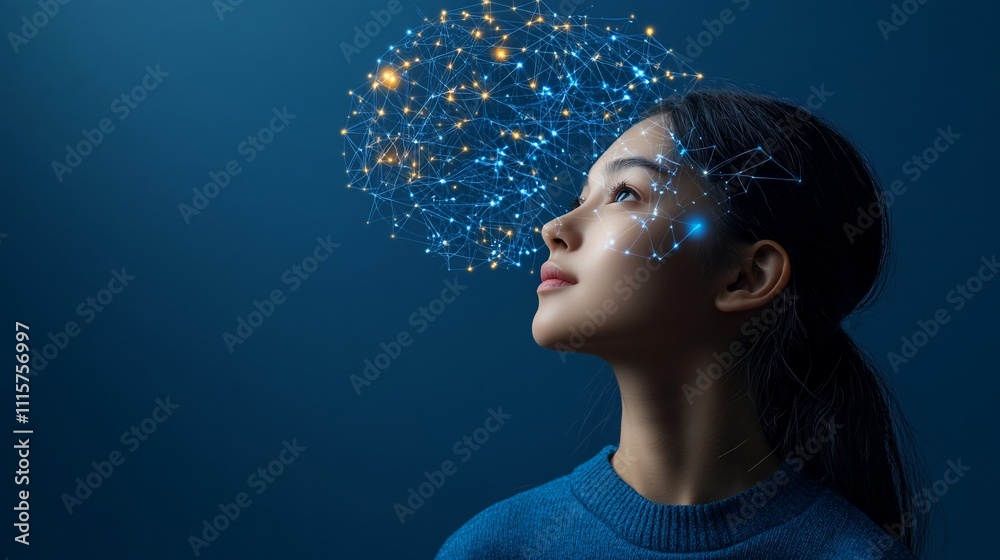 Fototapeta premium Thoughtful young woman with digital brain network overlay.