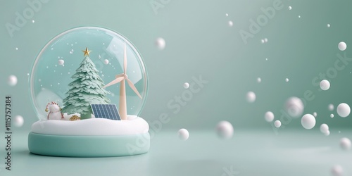 A soft, clay-like 3D illustration in pastel tones. A snow globe with a Christmas tree, a solar panel, and a wind turbine inside, surrounded by gently falling snow