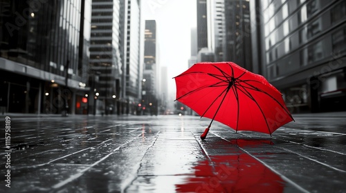 A red umbrella lies on the wet pavement of a city street.