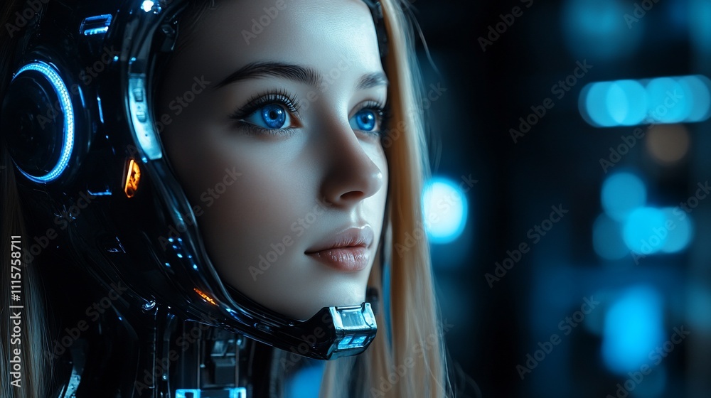 Close-up of a young woman with cybernetic headpiece, intense, futuristic, and thoughtful expression. Close-up of a young woman with cybernetic headpiece, intense, futuristic, and thoughtful expression.