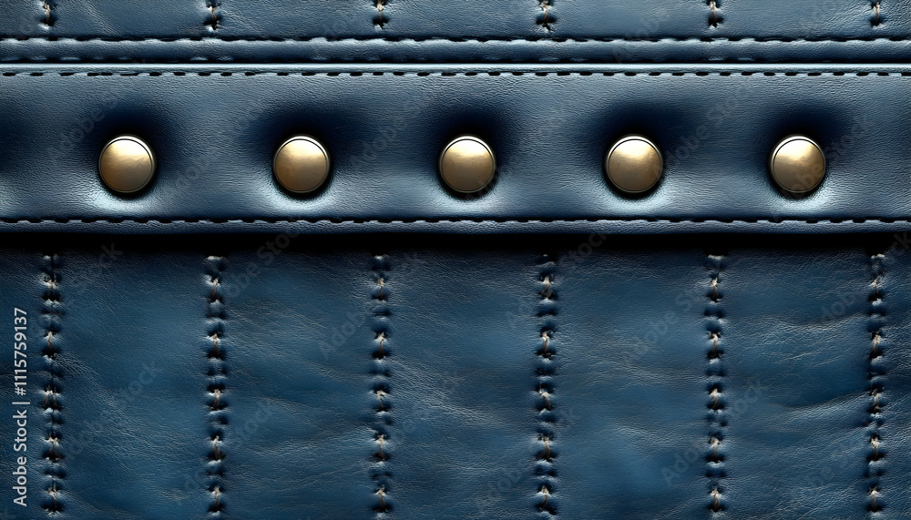 Obraz premium Close-up of dark blue leather texture with stitching and rivets.