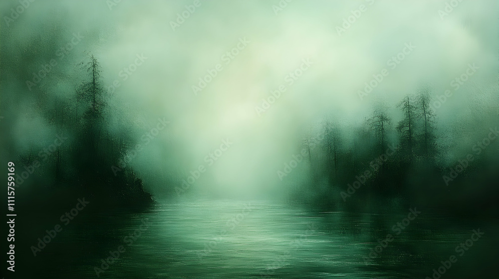 Fototapeta premium Misty lake scene with dark trees and soft light.