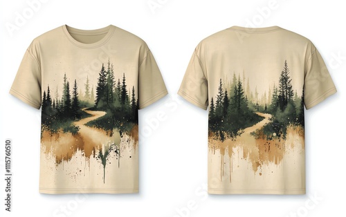 Showcase of a front and back view mockup of a t-shirt featuring a forest landscape design digital art online store apparel promotional material photo