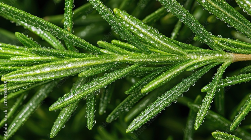 Dew Covered Rosemary Sprigs Green Lush Foliage Dew Covered Rosemary Sprigs Green Lush Foliage