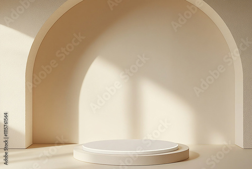 A beige room with arched alcoves. A round, white display podium is centered.