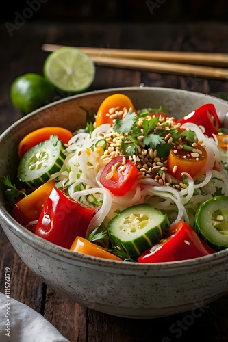 Asian salad artfully arranged in a wide shallow bowl