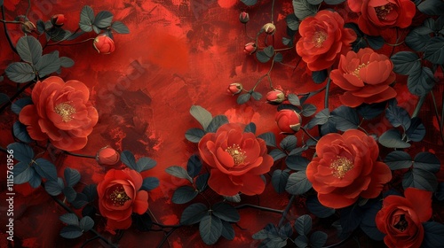 A red and black flower arrangement with a red background