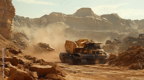 A large yellow mining vehicle drives through a dusty quarry, kicking up a cloud of dust.
