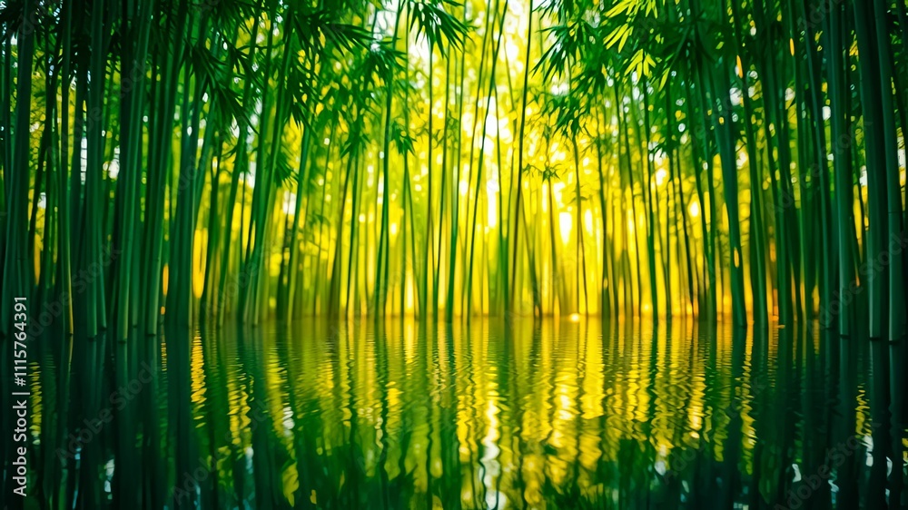 Fototapeta premium Serene Bamboo Forest Reflecting in Still Water at Golden Hour