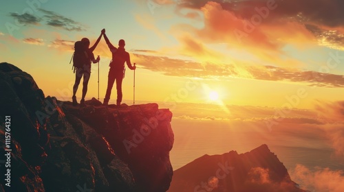 Couple celebrating a mountain peak at sunset