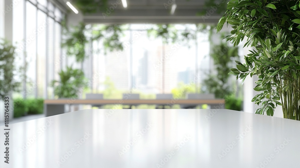 modern empty white PVC table top is showcased in bright, blurred office environment filled with greenery and natural light, creating serene and inviting atmosphere. modern empty white PVC table top is showcased in bright, blurred office environment filled with greenery and natural light, creating serene and inviting atmosphere.