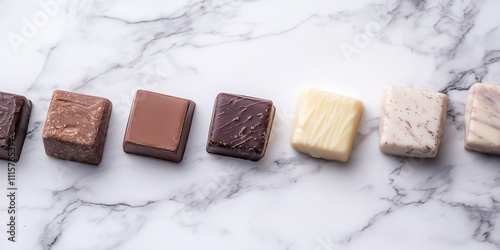 Variety of chocolates in a row on a marble surface. An inspiring dessert photo