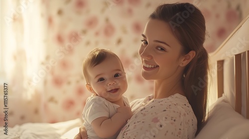 New Asian mom playing with cute newborn baby on bed smiling and happy and baby