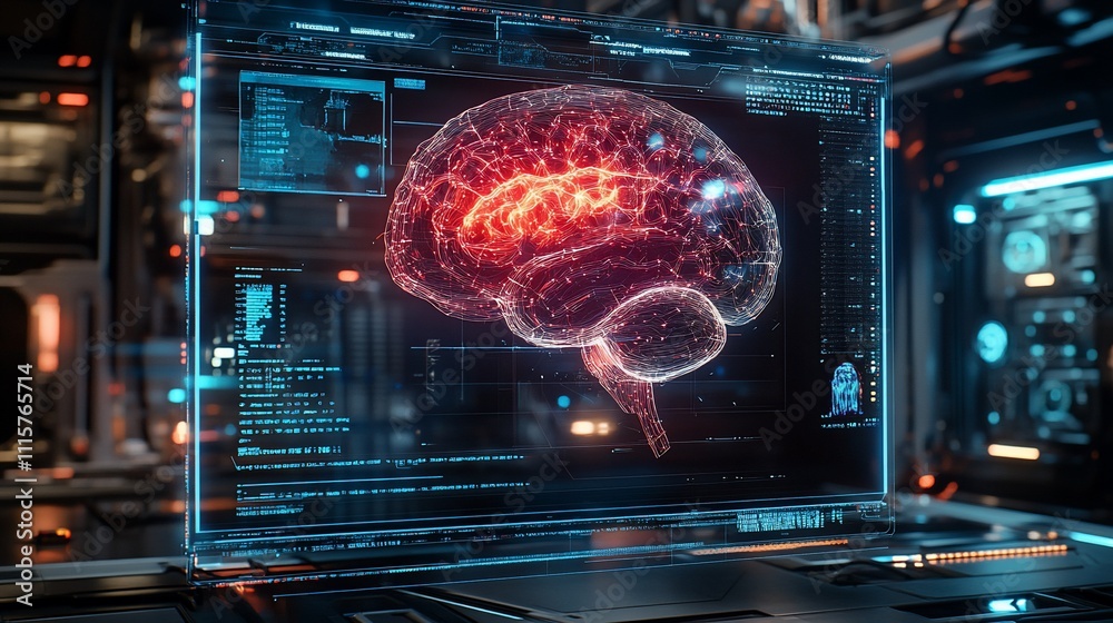 Holographic brain displayed on futuristic interface with glowing data streams. Holographic brain displayed on futuristic interface with glowing data streams.