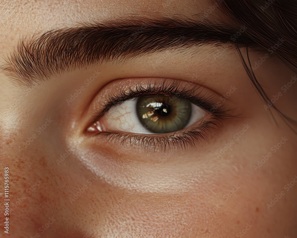 Obraz premium Close-up of a hazel eye, showcasing intricate details of the iris, pupil, and eyelashes