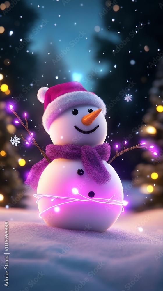 A glowing neon snowman in a winter, surrounded by glowing Christmas trees and sparkling snowflakes