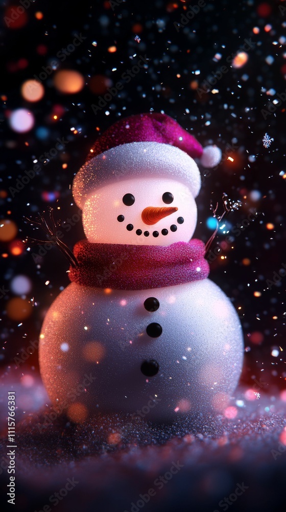 Fototapeta premium A glowing neon snowman in a winter, surrounded by glowing Christmas trees and sparkling snowflakes