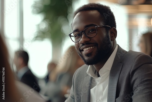 Professional man smiles confidently in modern office setting during a busy workday