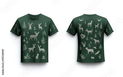 Showcase of front and back view mockup of forest green t-shirt featuring wildlife design in natural setting for apparel enthusiasts photo