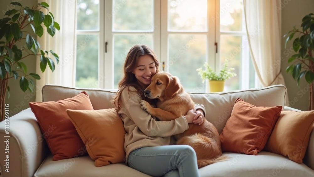 young woman sits on a sofa in a brightly lit living room and gently hugs her golden retriever, dog, friendship, pet, animal, home, comfort,