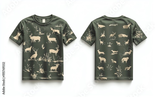 Showcase of a forest green t-shirt mockup featuring wildlife prints urban environment front and back view for eco-friendly fashion enthusiasts photo