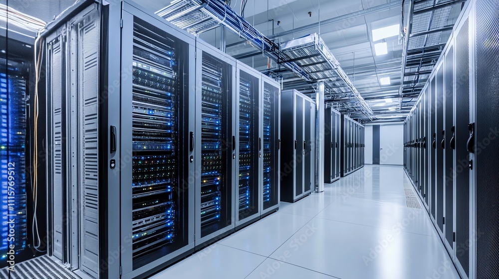 A long hallway in a server room with rows of computer servers. A long hallway in a server room with rows of computer servers.