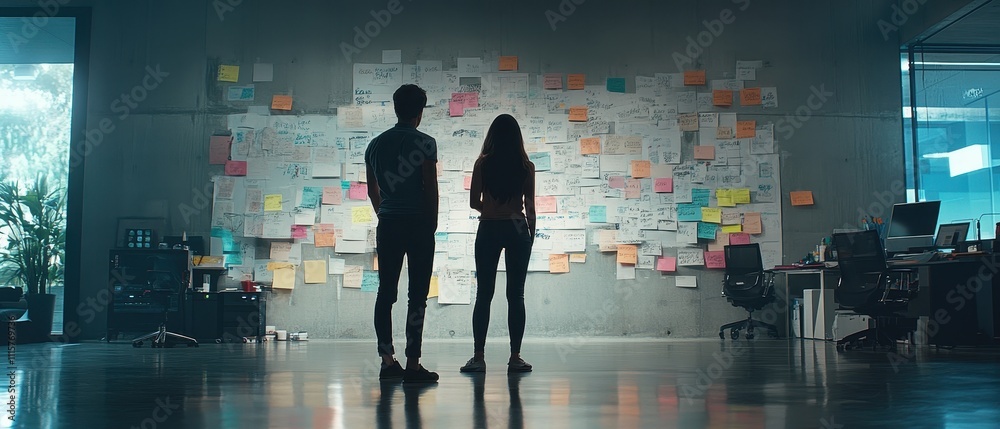 Fototapeta premium Collaborative Brainstorming: Silhouettes of Two People Contemplating Sticky Notes