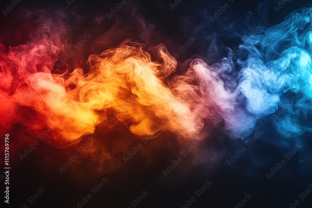 Fototapeta premium Colorful wisps of smoke flowing in vibrant orange, blue, and white colors against a dark background, creating an abstract and dynamic visual representation.