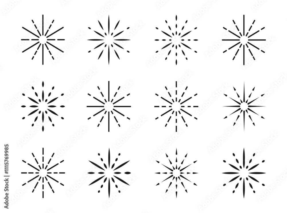 Obraz premium A vector set of flat fireworks icons on a transparent background featuring bursts, flashes, and sparkles. Perfect for festivals, birthdays, holidays, banners, posters, and greeting cards. 