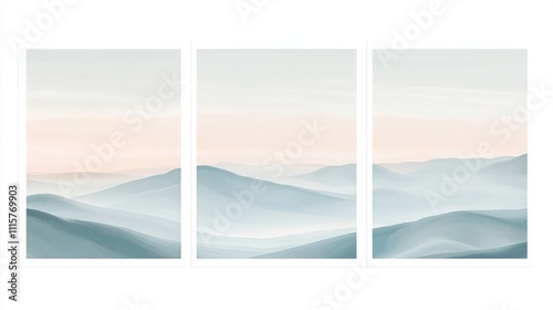 A set of three vertical posters featuring digital artwork of serene landscapes with calming colors and smooth textures, on white