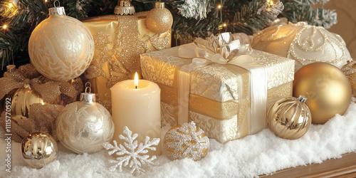 Gold and white gift boxes luxuriously decorated with ribbons situated below a Christmas tree, accompanied by candles, baubles, and snowflakes enhancing the festive mood.