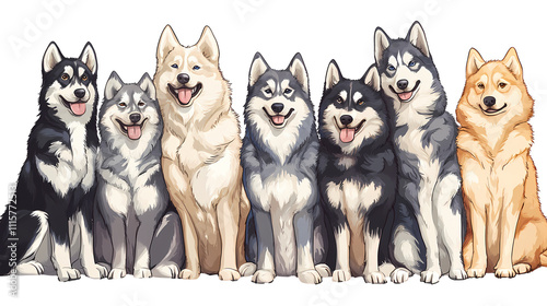 Group of cute 7 alaskan malamute dogs sitting. Illustration with transparent background.